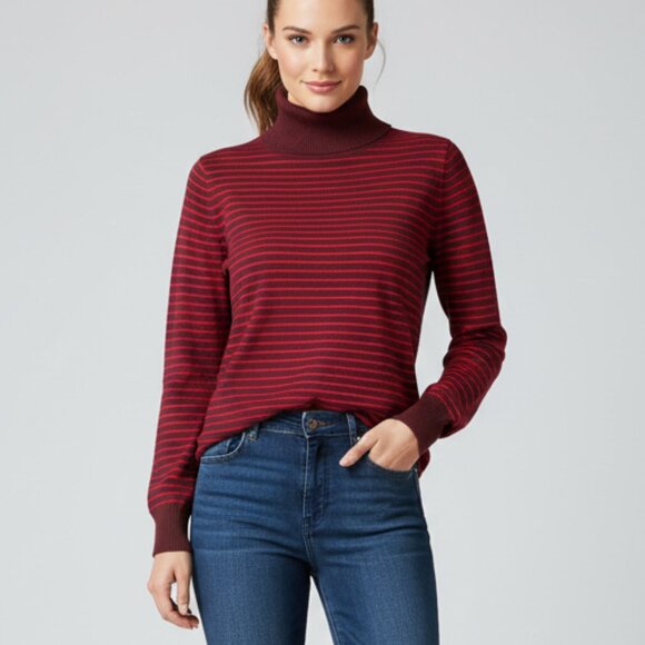 NWT Eddie Bauer Women's Red Burgundy Plum Thin Striped Turtleneck Sweater L - Picture 1 of 6